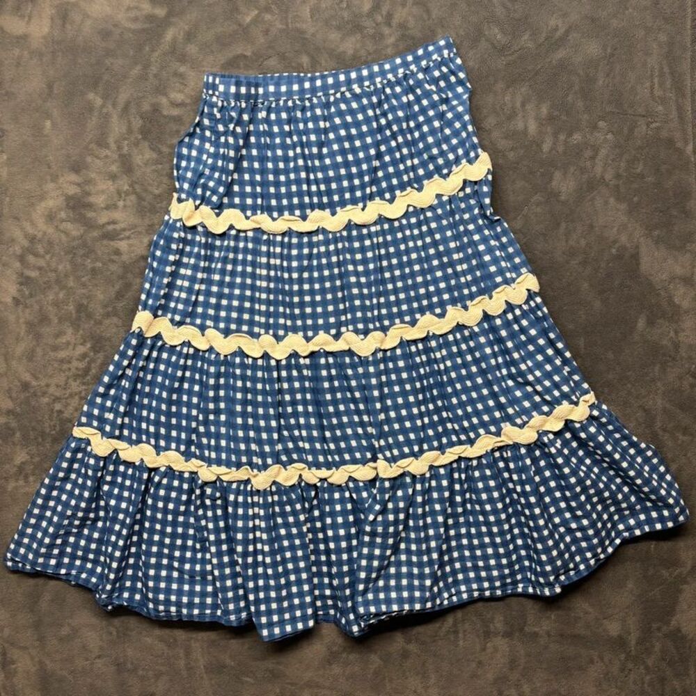 Uptownie India Women’s XL Blue White Gingham Ric Rac Cotton Tiered Midi Skirt
